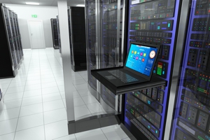 Creative business, web telecommunication, internet technology connection, cloud computing and networking connectivity concept: terminal display in server room with server racks in datacenter interior